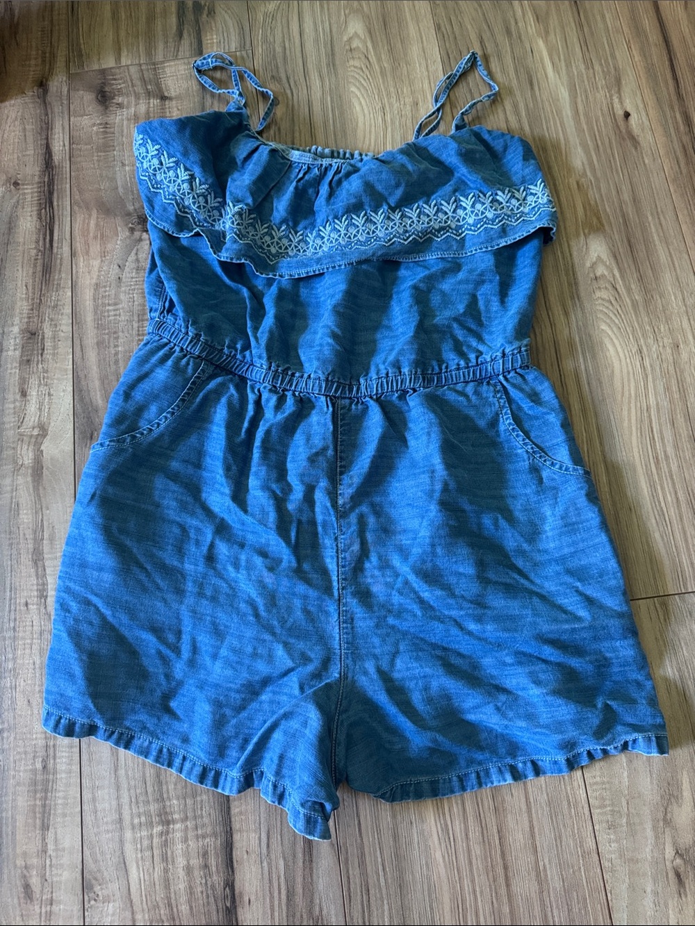 Abercrombie & Fitch Blue Denim women’s Romper with Embroidered Ruffle